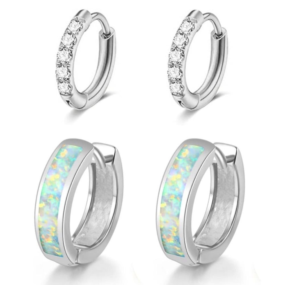 14K White Gold and 316L White Fire Opal and Diamond CZ Huggie Earrings Set of 2